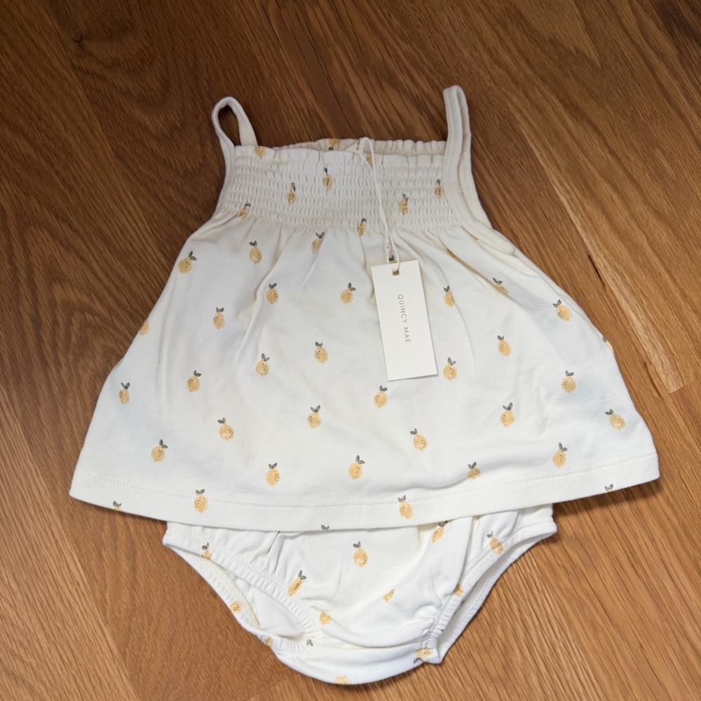 Quincy Mae White Baby Smocked Tank & Bloomers with Yellow Fruit Motif